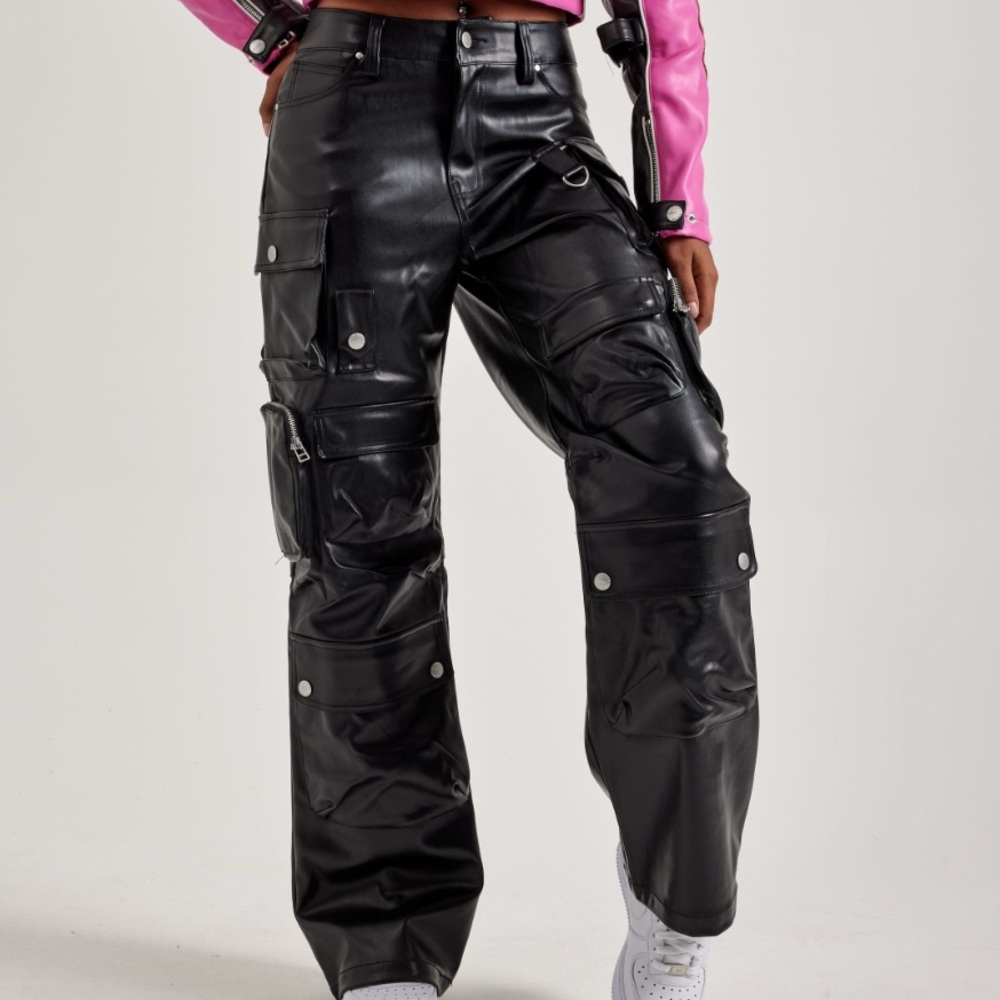 Wide legged leather biker inspired cargo pants